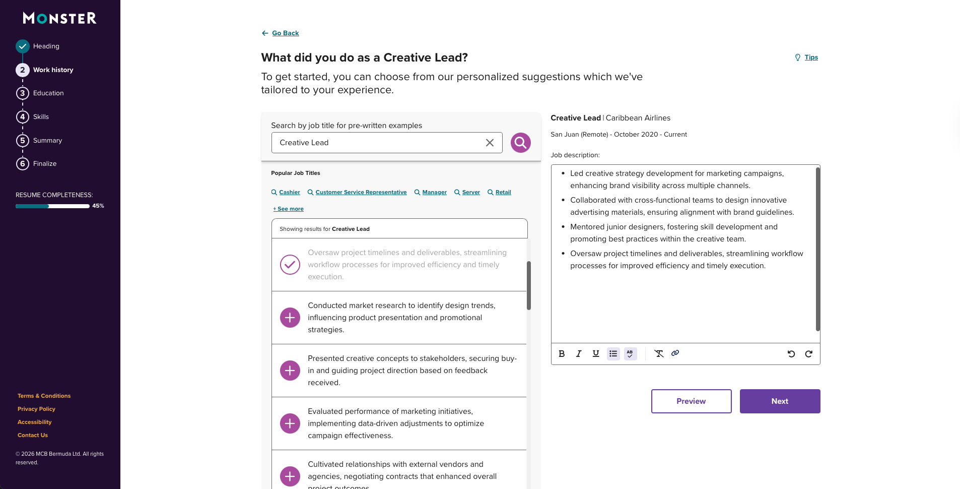 Screenshot of Monster's Resume Builder
