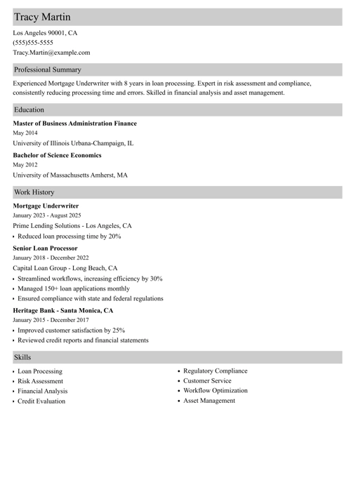 mortgage underwriter resume example