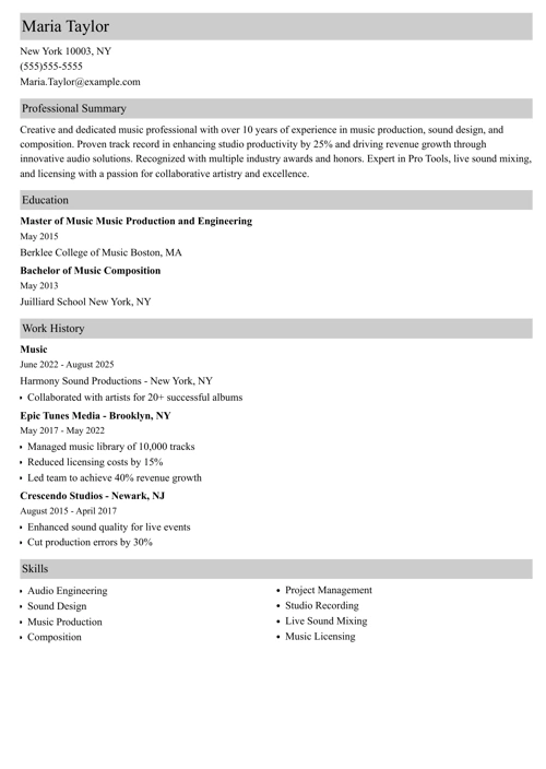 music resume example