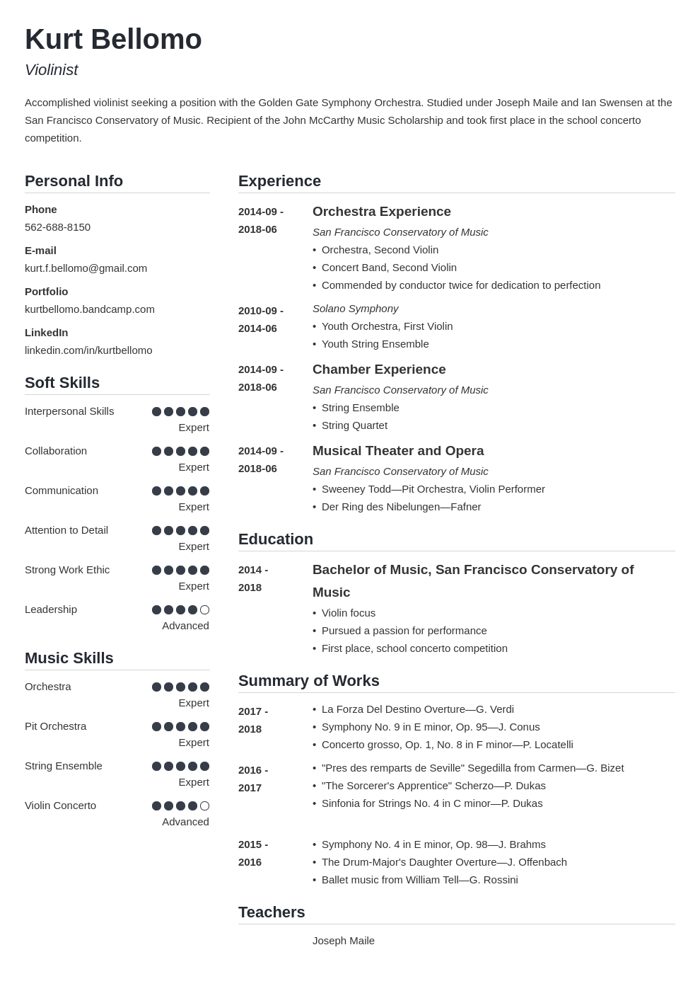 music resume example template simple