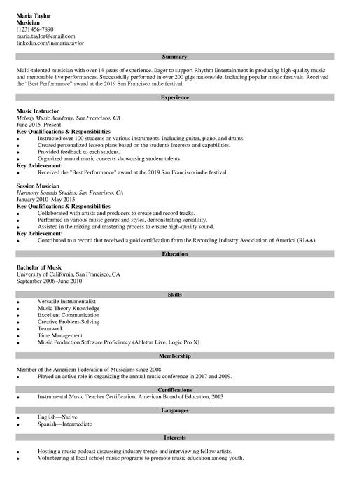 Music Resume Example