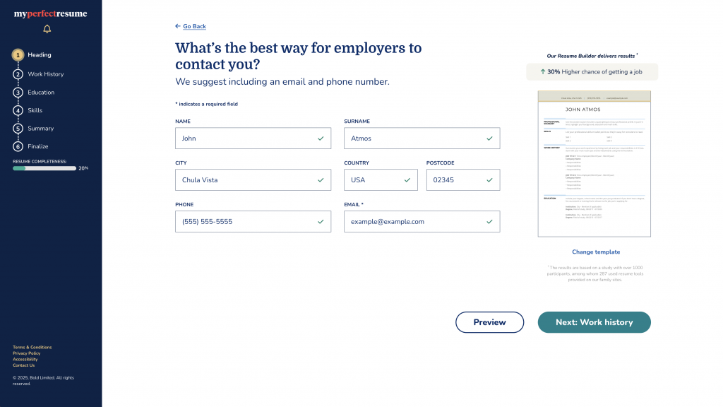 Screenshot of MyPerfectResume's resume builder