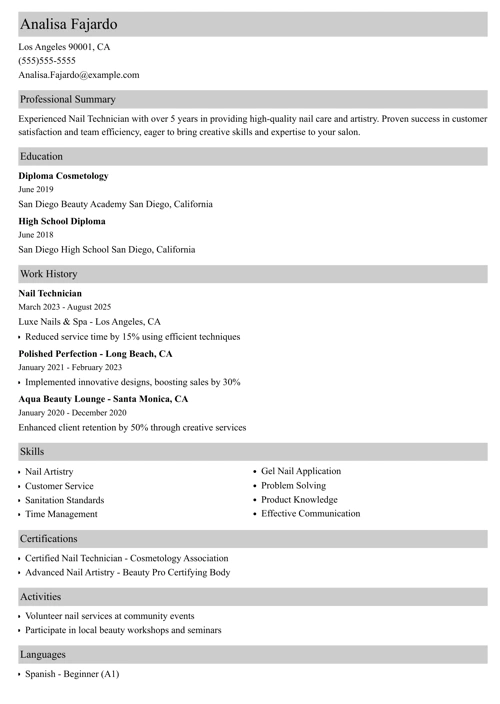 nail technician resume example