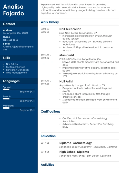 nail technician resume example