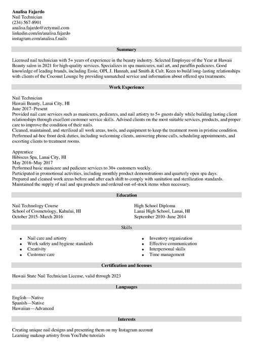 nail technician resume example