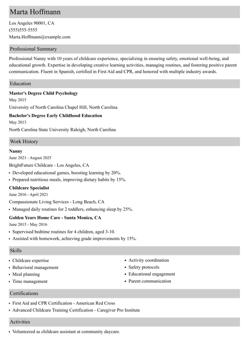 Nanny resume example