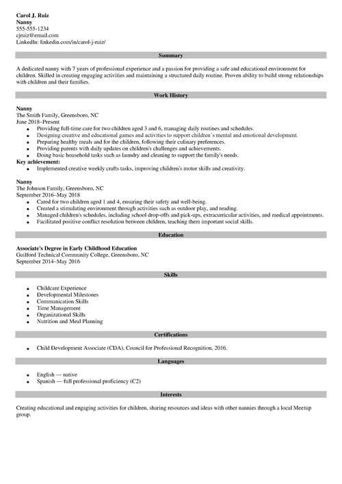 Nanny job description for a resume