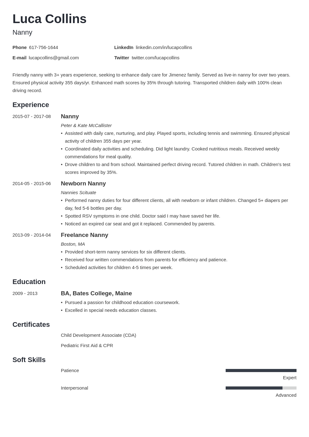 objective on resume for nanny position