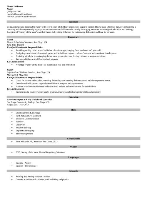 Nanny resume example