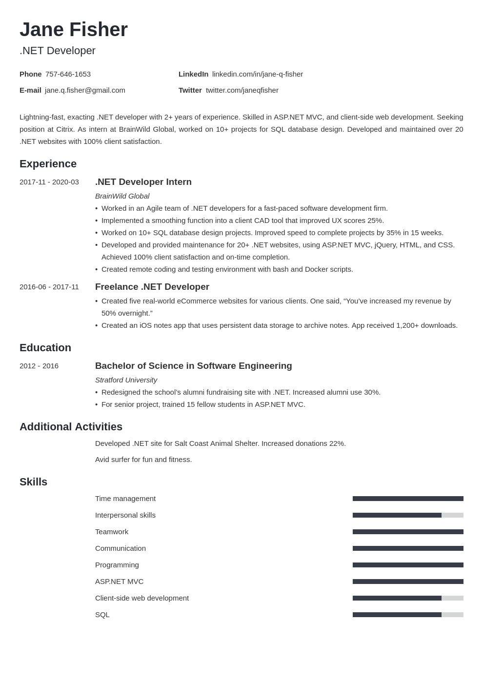 net developer resume example template minimo