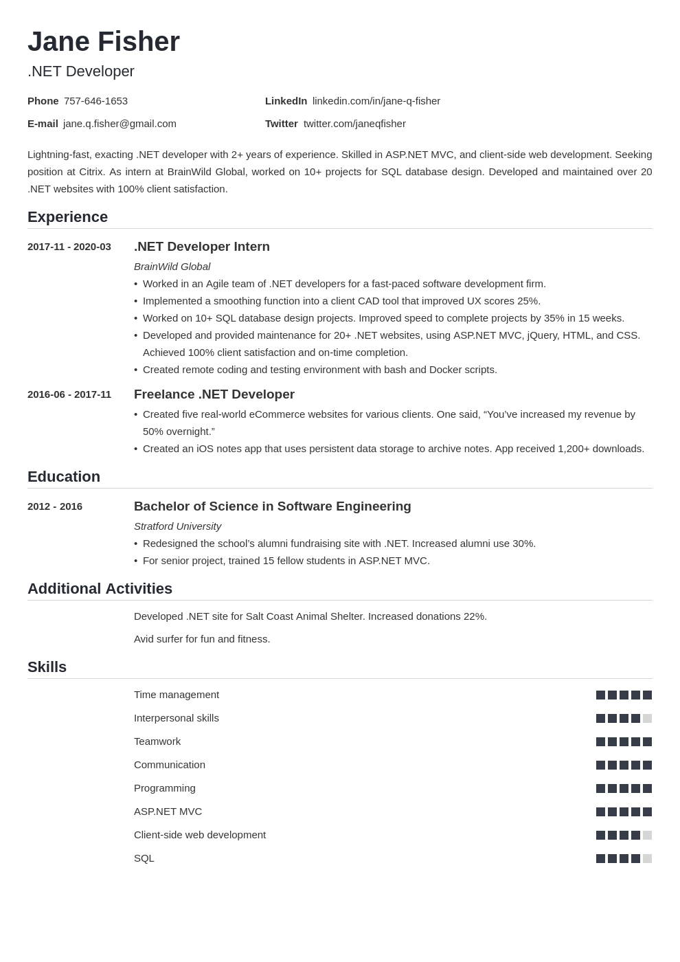 net developer resume example template nanica