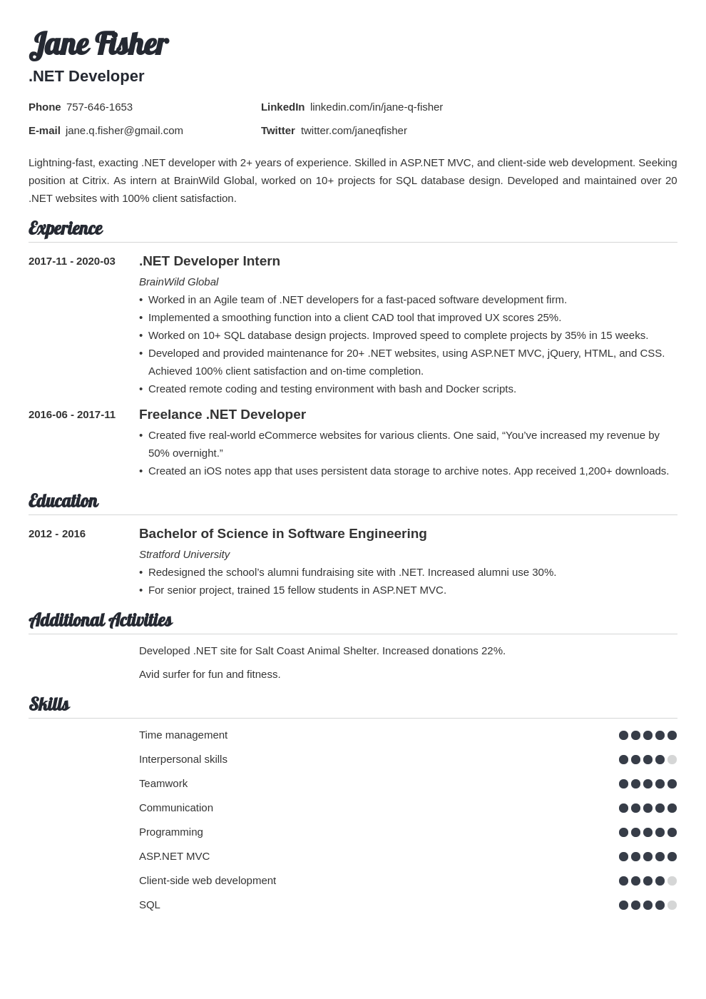 net developer resume example template valera