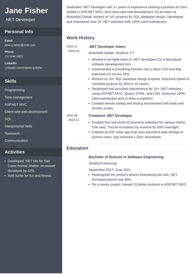  .NET developer resume sample - Cascade template