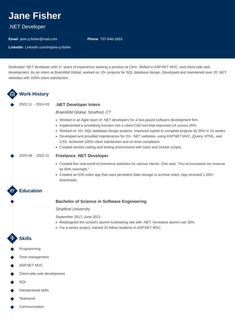  .NET developer resume sample - Diamond template