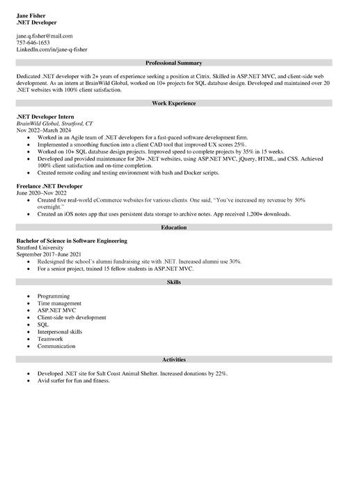 NET Developer Resume Example