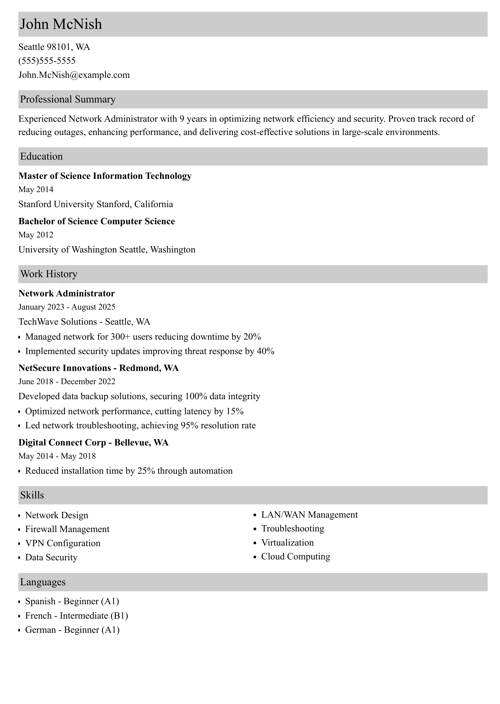 Network administrator resume example