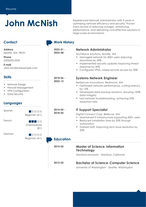 Network administrator resume example