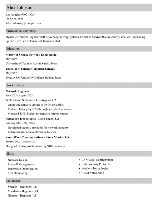 Network Engineer Resume Example