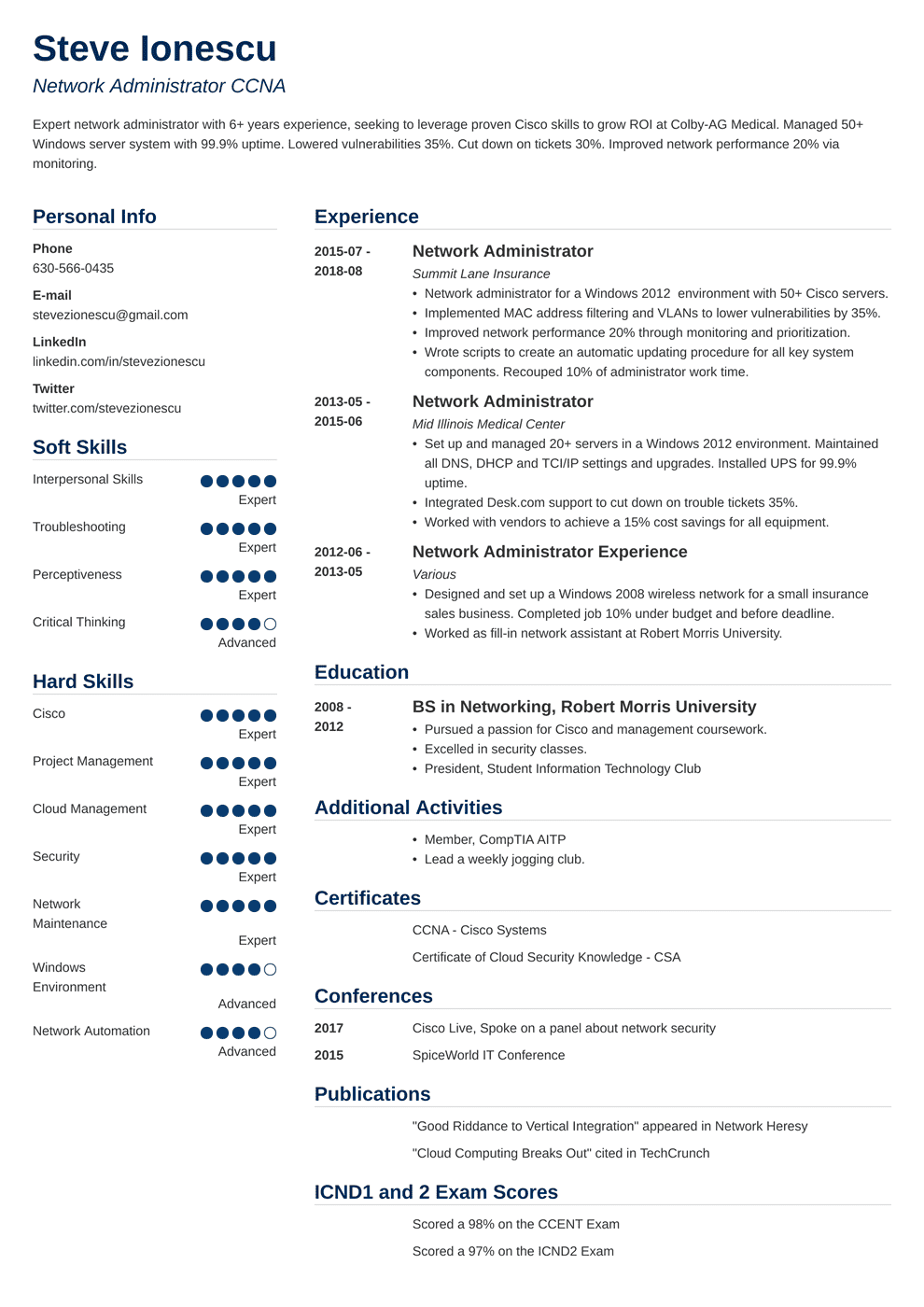 administrator example network resume