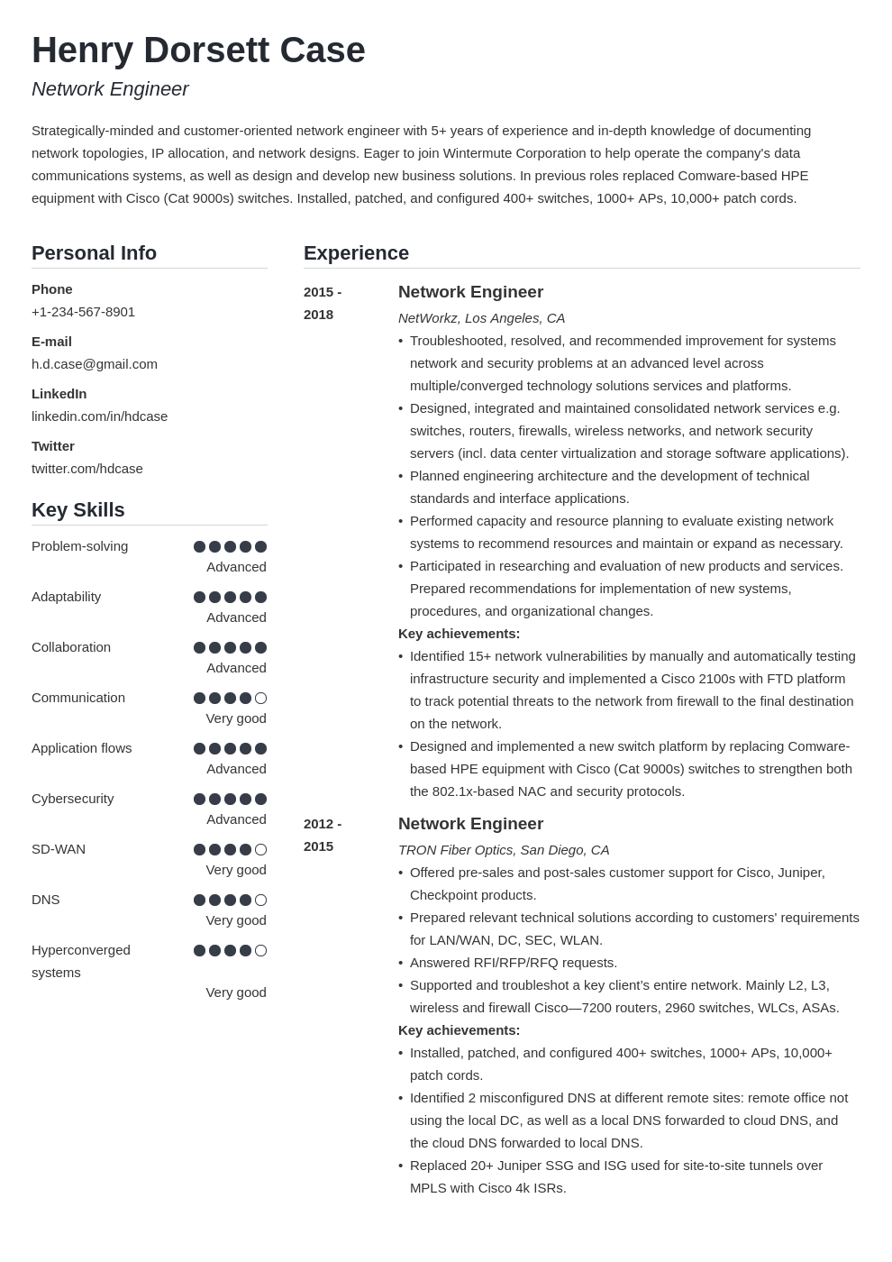 network engineer resume example template simple