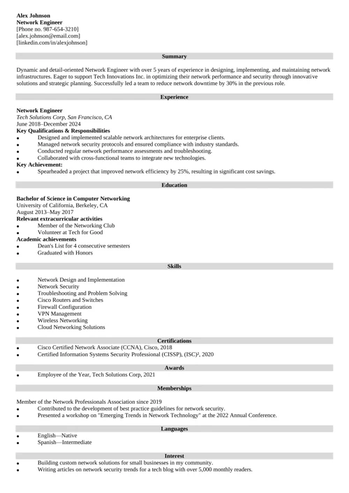 Network Engineer Resume Example