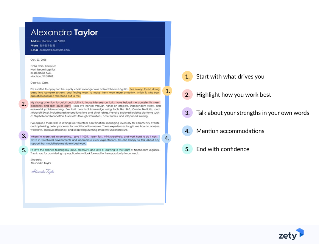 Graphic showing cover letter tips for neurodivergent people
