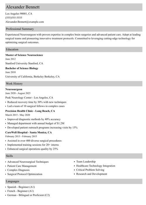 Neurosurgeon Resume Example