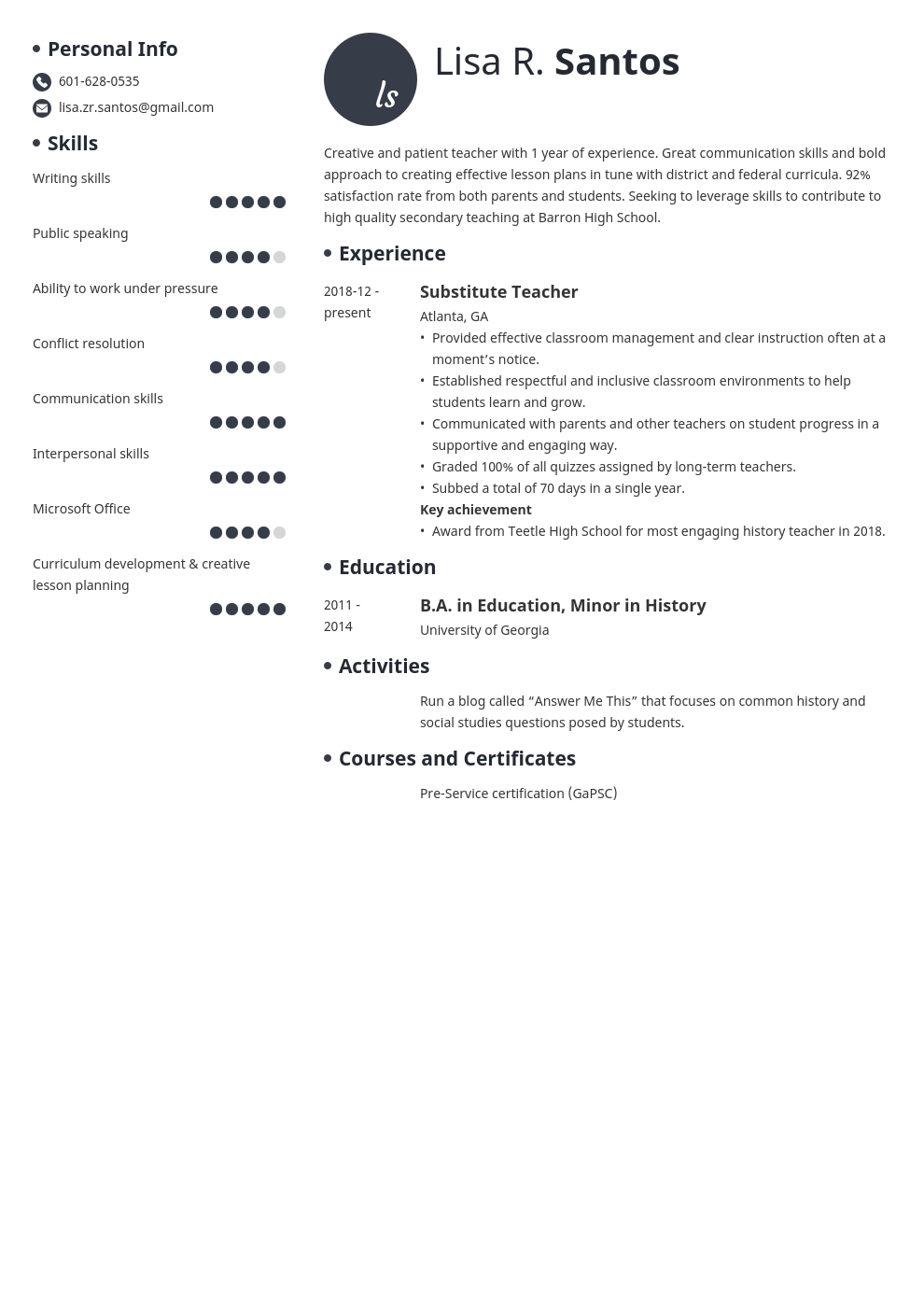 new teacher resume example template initials