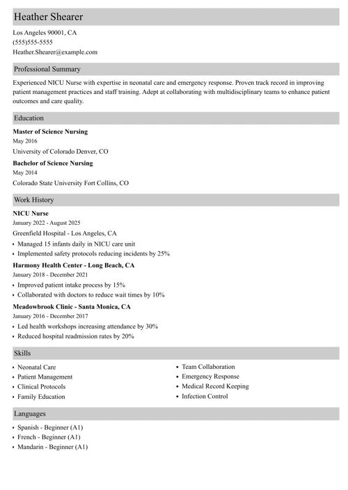 nicu nurse resume example