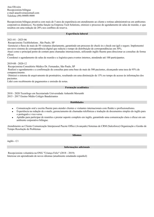 modelo de currículo com nível de inglês feito no gerador da Zety