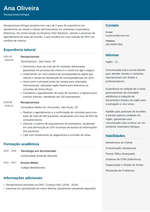 modelo de currículo com nível de inglês feito no gerador da Zety