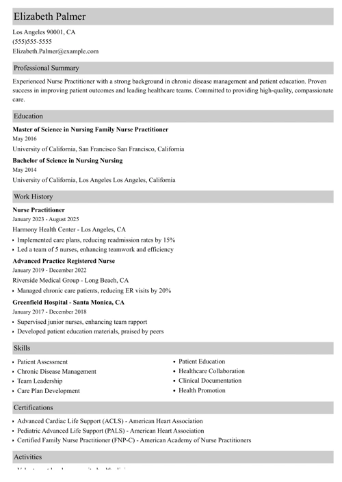 Nurse practitioner resume example