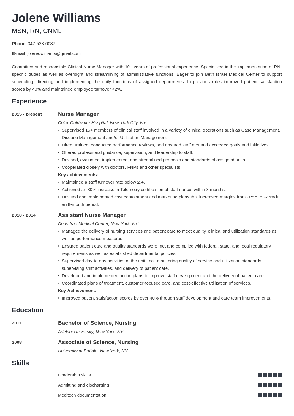 resume for assistant nurse manager position