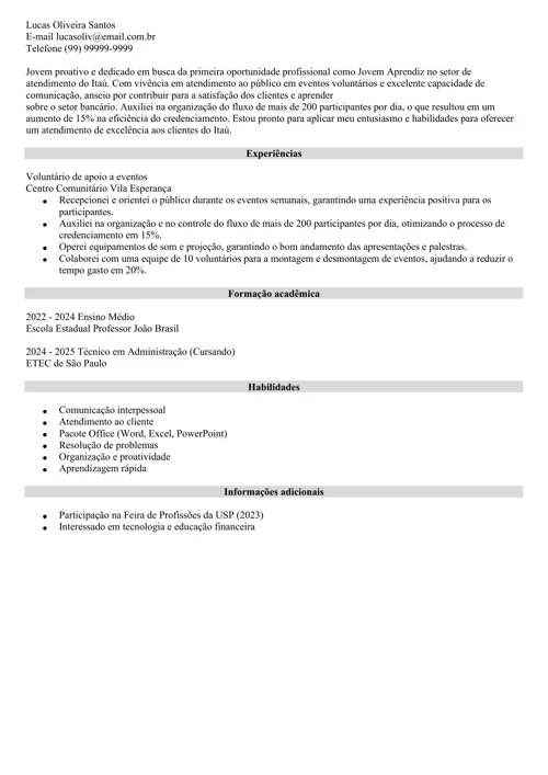 modelo de currículo de jovem aprendiz com objetivo profissional
