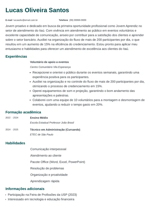 modelo de currículo de jovem aprendiz com objetivo profissional