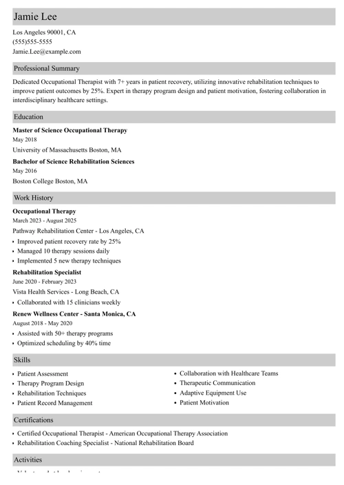 Occupational Therapy Resume Example