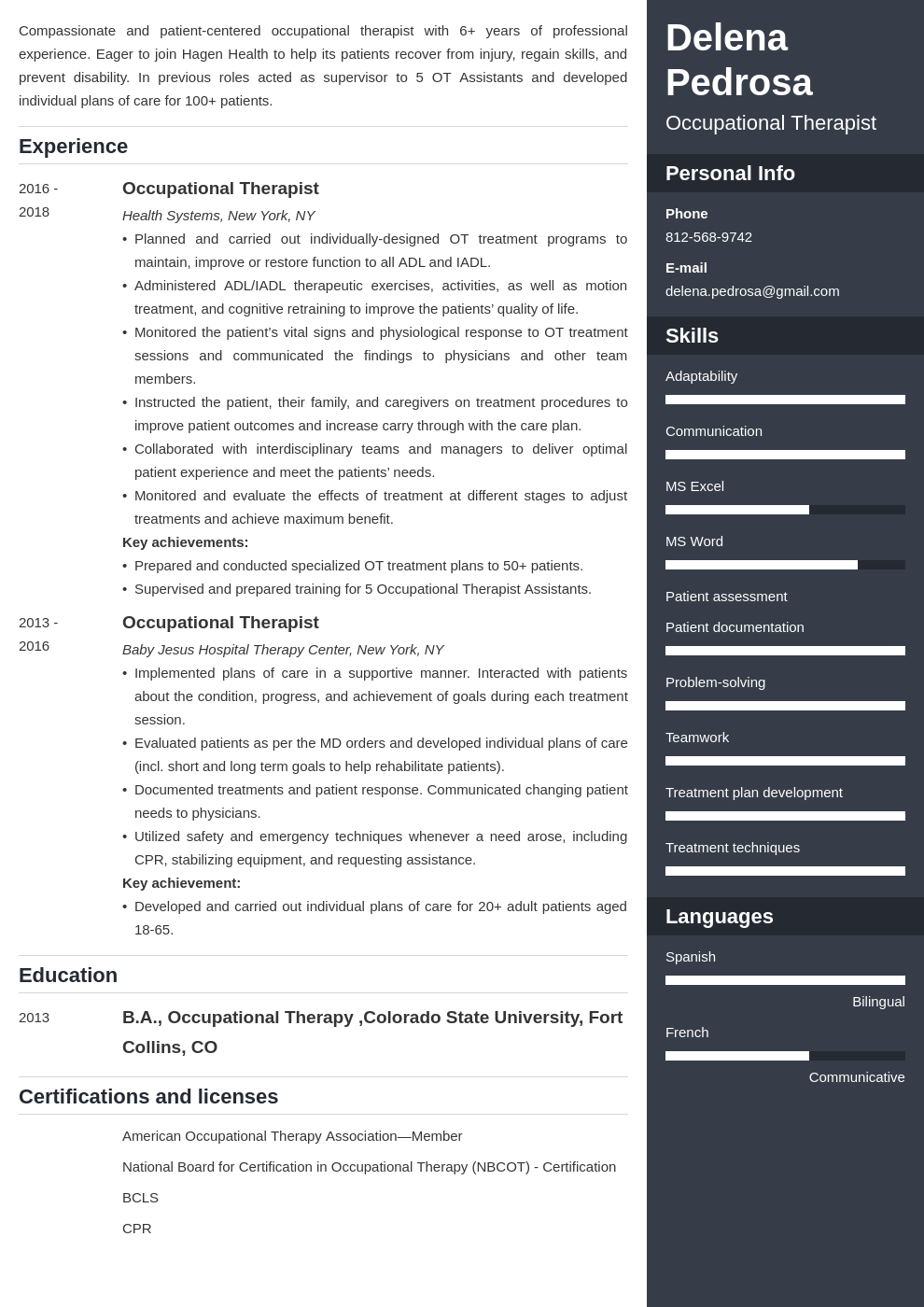 occupational therapy resume example template enfold