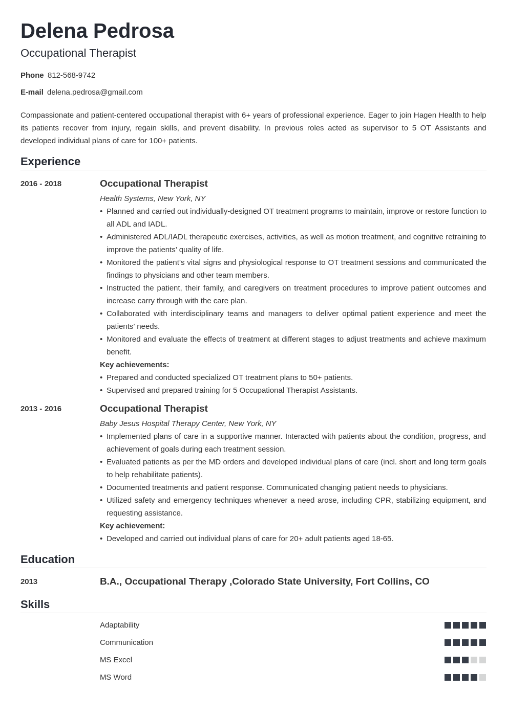 occupational therapy resume example template nanica