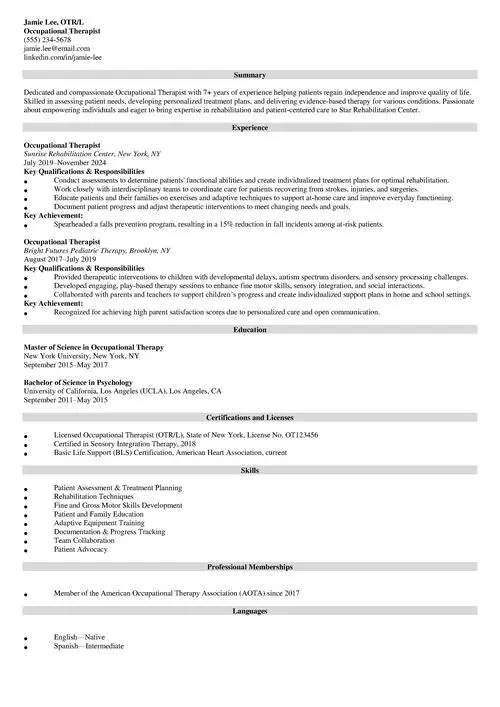 Occupational Therapy Resume Example