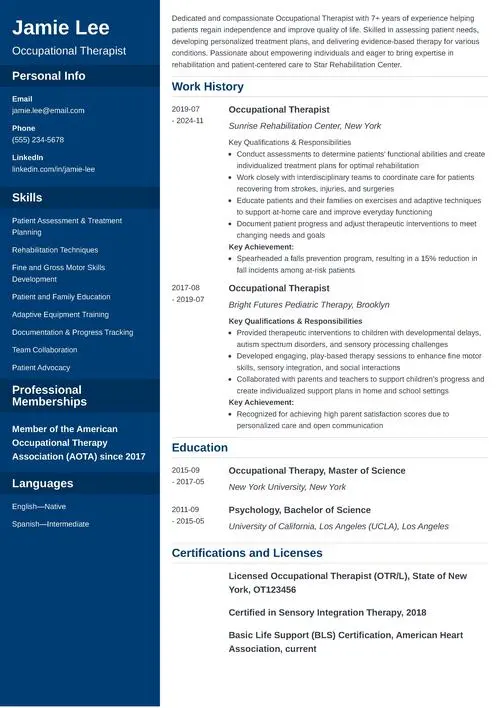 Occupational Therapy Resume Example