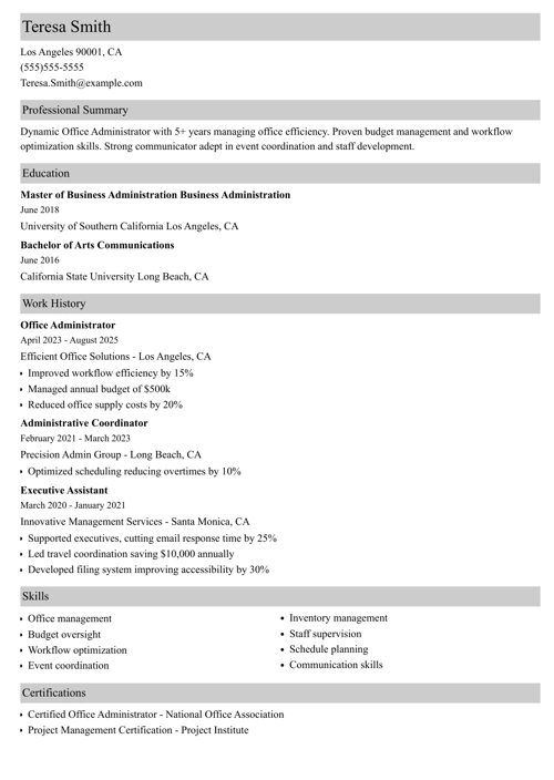 Office Administrator Resume example