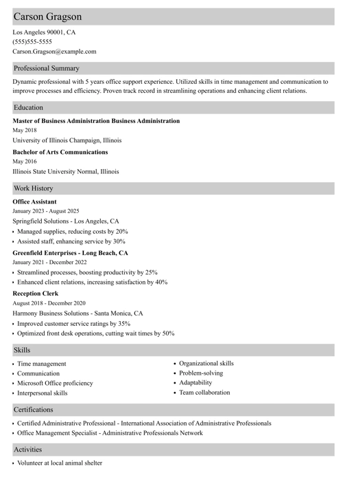 Office assistant resume example