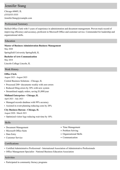 Office clerk resume example