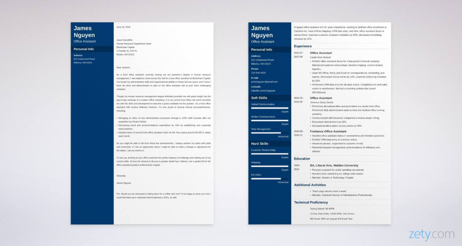 office assistant resume and cover letter set