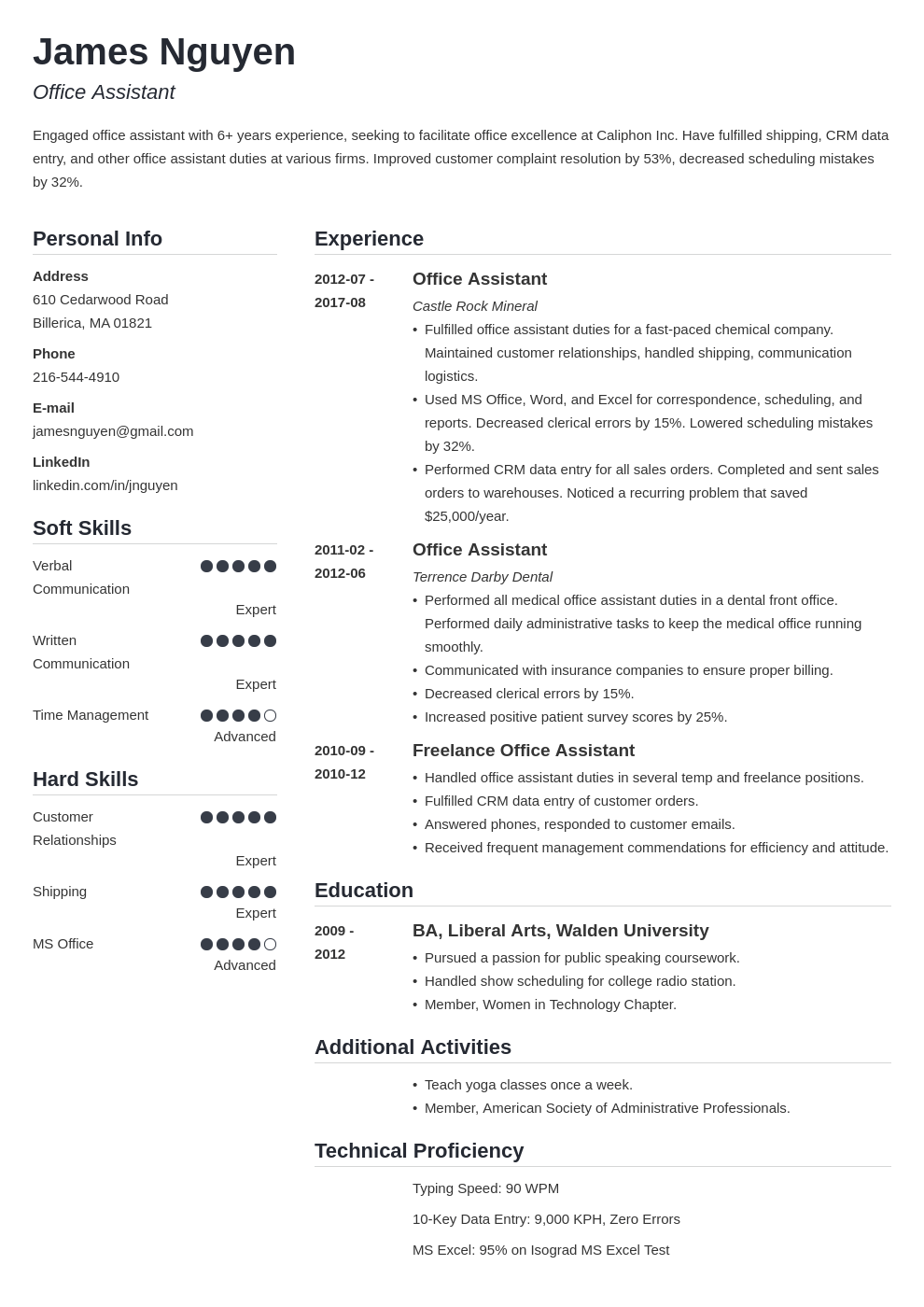office assistant resume example template simple