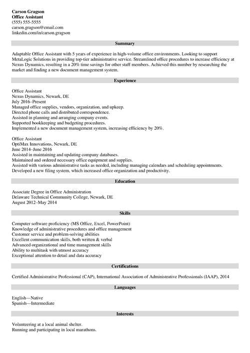 Office assistant resume example