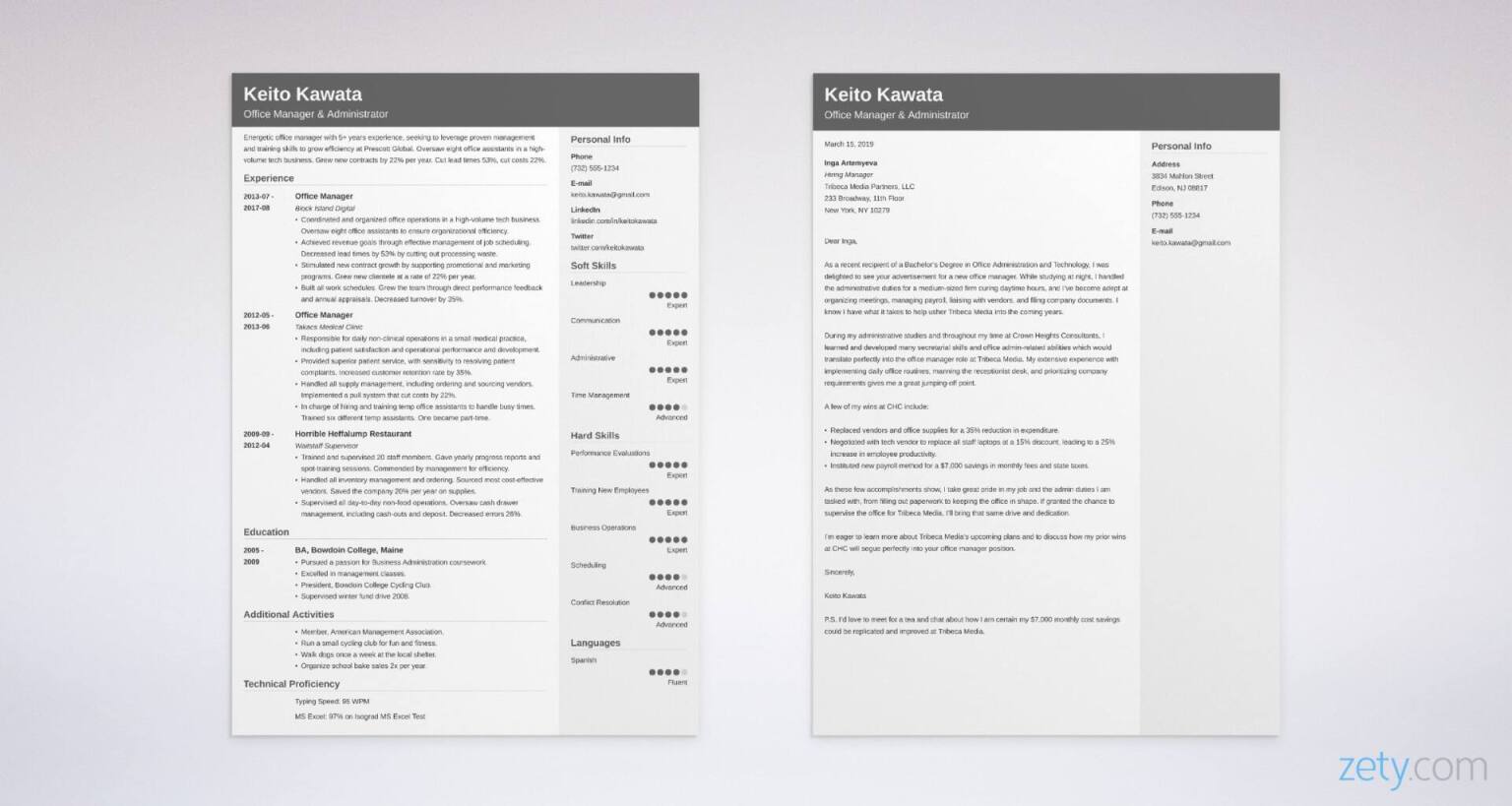 office manager resume and cover letter set
