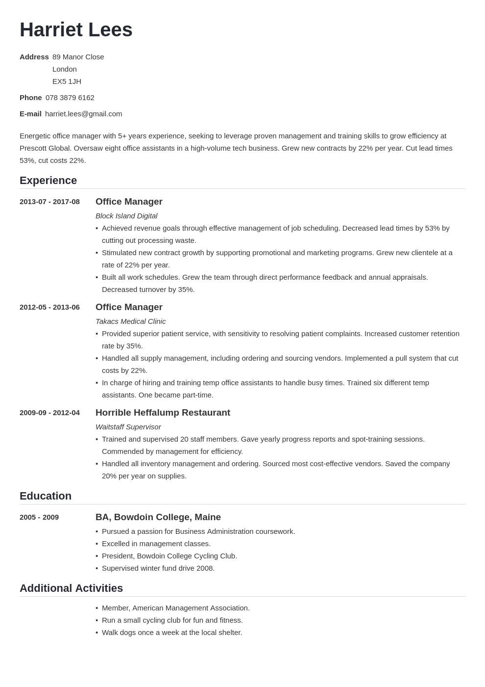 office manager cv sample doc