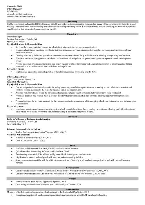 Office manager resume example
