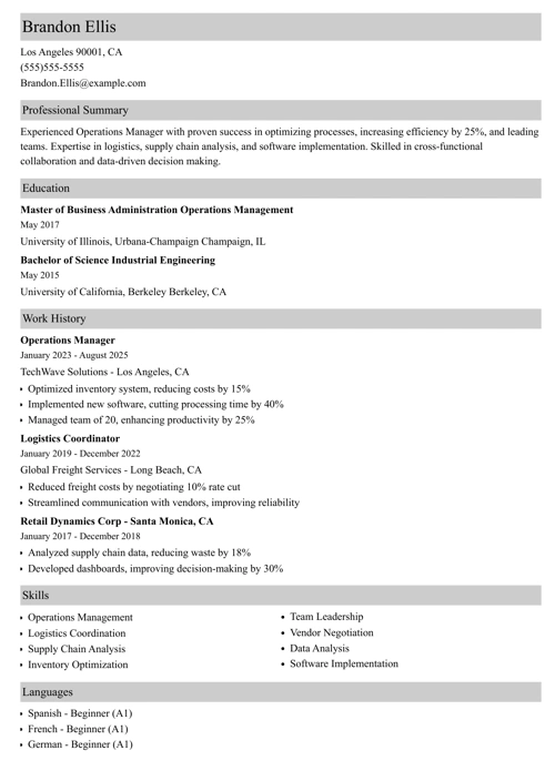 Operations manager resume example